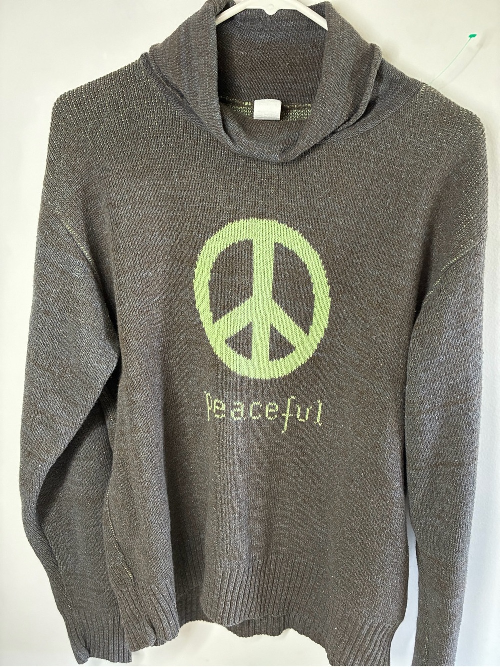 Cozy Gray Turtleneck Sweater with Lime Peace Motif